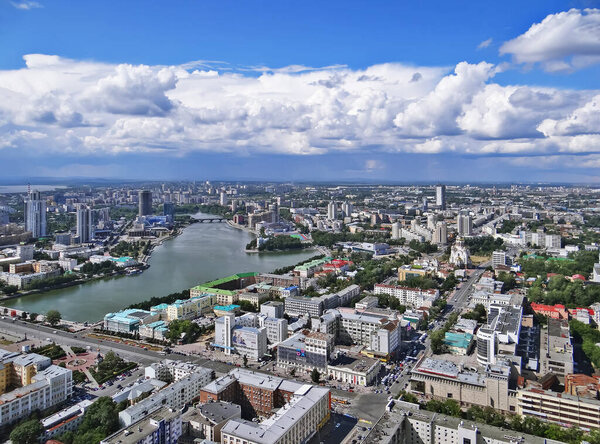 City landscape. View from the Vysotsky skyscraper. Ekaterinburg. Russia.Date of filming July 24, 2012