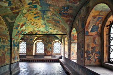 Church of John the Baptist in Tolchkovo. Paintings of walls, arches, window slopes. Yaroslavl. Golden ring. Russia.Date of shooting June 27, 2018