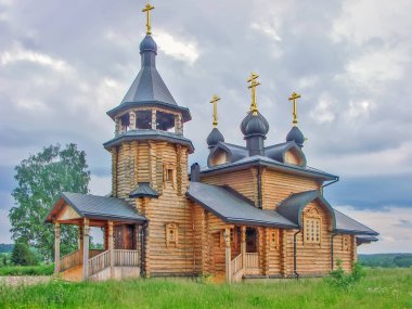 Bulutlu gökyüzünün altında yemyeşil yemyeşil, Verkhoturye, Rusya