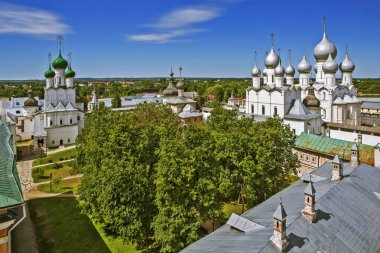The Gate Church of the Resurrection of Christ and the Assumption Cathedral in the Rostov Kremlin. View from the Water Tower. Rostov the Great. Yaroslavskaya oblast. Gold ring of Russia. Russia.Date of shooting May 29, 2018
