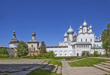 The Gate Church of the Resurrection of Christ and the Assumption Cathedral, the Church of Hodegetria in the Rostov Kremlin. Rostov the Great. Yaroslavskaya oblast. Gold ring of Russia. Russia.Date of shooting May 29, 2018