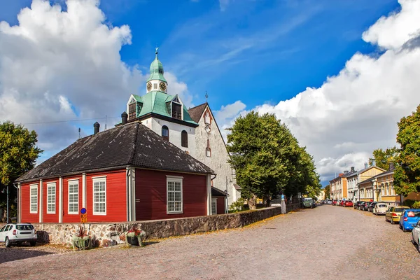 Small Church Cathedral Virgin Mary Old Houses Kirkkotor Street Porvoo — Stock Photo, Image