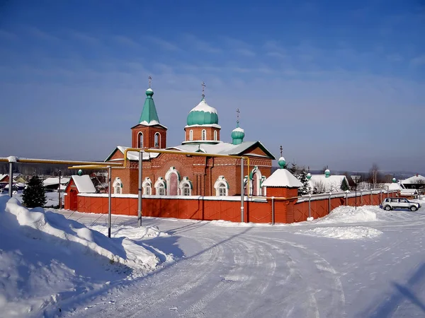 Church Snow Covered Winter Forest Russian Village — Stock Photo, Image