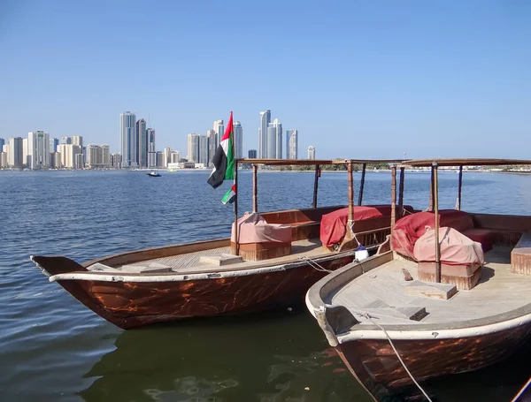 Abra Boats Overlooking Khalid Lagoon Sharjah United Arab Emirates Date — Stock Photo, Image