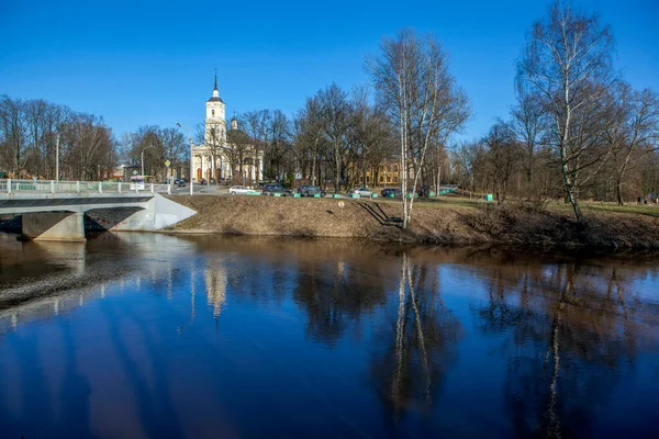 Igreja Ilyinsky Porokhovykh Ponte Bolshoi Ilyinsky Através Okhta São Petersburgo — Fotografia de Stock