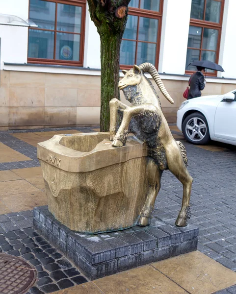 一个象征城市的饮水机 一只青铜山羊 卢布林Poland 2019年4月29日拍摄日期 — 图库照片
