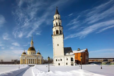 The inclined tower of the Demidovs and the Transfiguration Cathedral. Nevyansk, Sverdlovsk region. Russia clipart