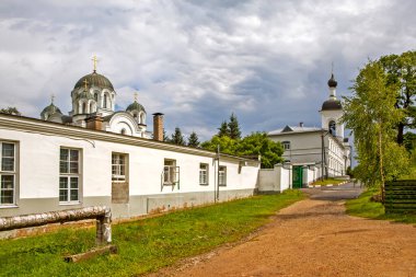 Monastery wall and Holy Cross Cathedral in the Spaso-Euphrosyne Monastery. Polotsk. Belarus.Date of shooting Jul 8, 2018
