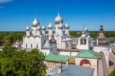 The Gate Church of the Resurrection of Christ and the Assumption Cathedral in the Rostov Kremlin. View from the Water Tower. Rostov the Great. Yaroslavskaya oblast. Gold ring of Russia. Russia.Date of shooting May 29, 2018
