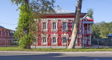 Vakhrameeva Hanesi. Tahta mimari. Caddedeki ev Gogol, 53 A. Vologda. Rusya. Çekim tarihi 1 Ağustos 2018.