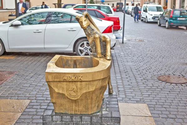 Une Fontaine Avec Symbole Ville Une Chèvre Bronze Lublin Pologne — Photo