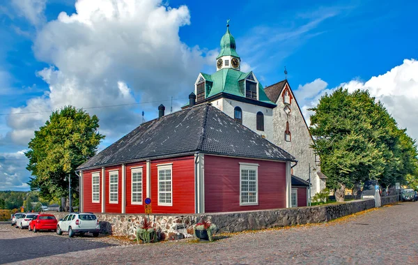 Small Church Cathedral Virgin Mary Old Houses Kirkkotor Street Porvoo — Stock Photo, Image