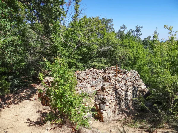Kırım ormanında haçlı ve yeşillikli taş mezar