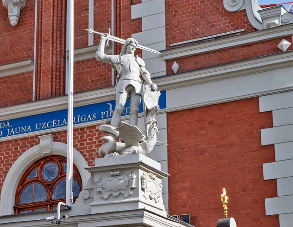 Fragment Der Skulpturalen Komposition Des Schwarzhäupterhauses Riga Lettland Datum Der — Stockfoto