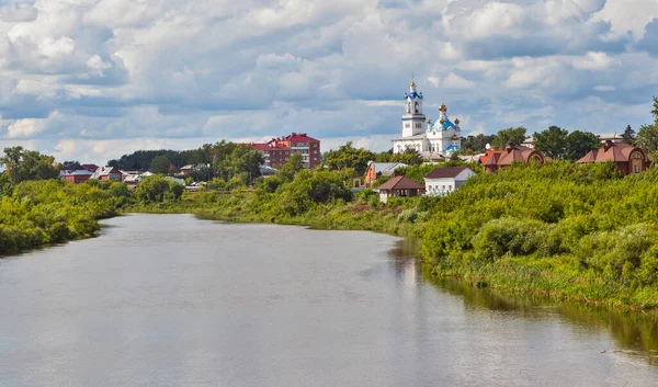 Panorama Kamyshlov Pyshma Floden Och Katedralen Förbön Guds Heliga Moder — Stockfoto