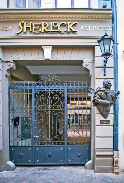 Monumento Sherlock Holmes Sul Muro Dello Sherlock Art Hotel Riga — Foto Stock