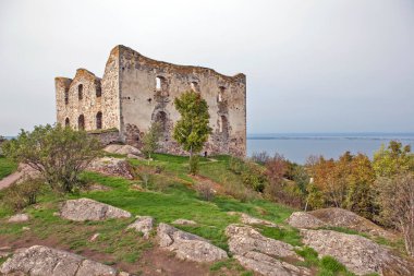 Brahehus Kalesi kalıntıları, bulutlu gökyüzünün altında yeşil çimenler ve arka planda göller, Granna, İsveç
