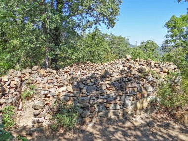 Kırım ormanında haçlı ve yeşillikli taş çitler.