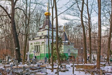 Smolensk mezarlığındaki Kutsanmış Xenia (Petersburg) Şapeli. St. Petersburg 'da. - Rusya. Çekim tarihi 17 Aralık 2018