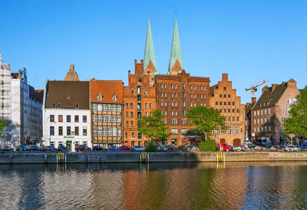 Historisch Centrum Avondlandschap Met Trave Rivier Lubeck Datum Van Opname — Stockfoto