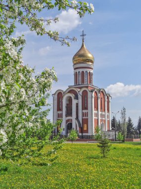 Dmitry Donskoy Tapınağı çiçek açan karahindibalar ve elma ağaçları ile çevrili, Nizhny Tagil, Rusya