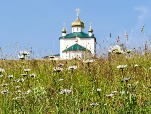 花と青い空の小さな教会 アラマシェヴォ ロシア — ストック写真