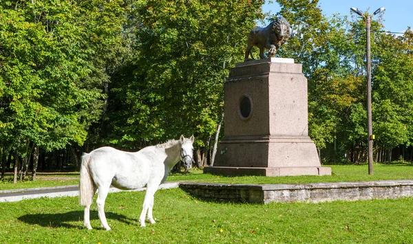 Kinisepp Russia 2019年9月24日 写真記念碑へK 彫刻家P によるビストロム 馬を背景にロマノフカ公園にあるクロドット — ストック写真