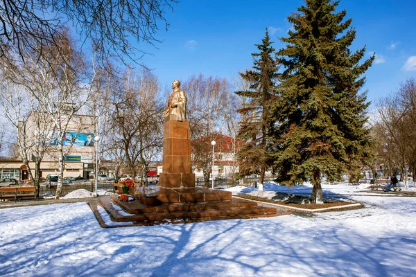 Zon Verlichte Nikolai Kuznetsov Monument Winterpark Talitsa Rusland — Stockfoto