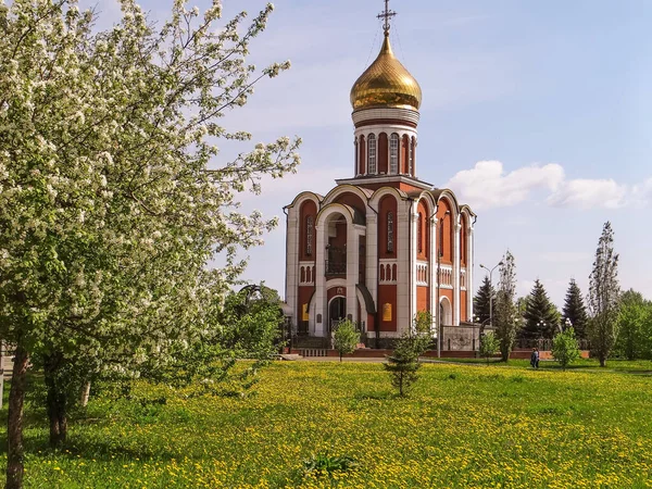 ドミトリー ドンスコイの寺院 花のタンポポやリンゴの木 ニジニ タギル ロシア — ストック写真