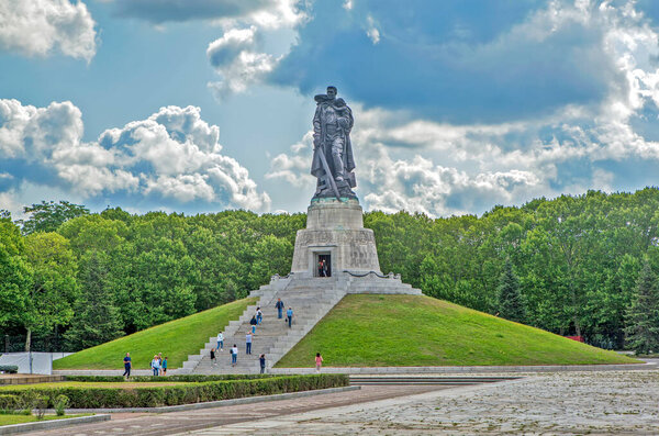 BERLIN, GERMANY - AUGUST 14, 2019: Photo of central avenue with a view of the monument Liberator Warrior