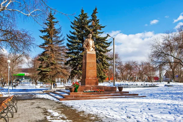 Sluncem Ozářená Památka Nikolaje Kuzněcova Zimním Parku Talitsa Rusko — Stock fotografie
