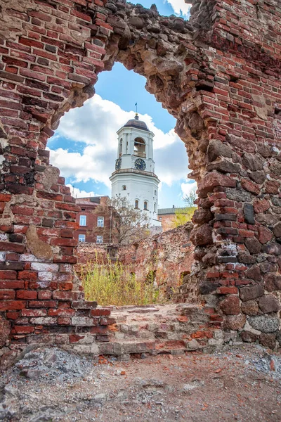 Clock Tower Walls Old Cathedral Vyborg Leningrad Region Russia — Stock Photo, Image