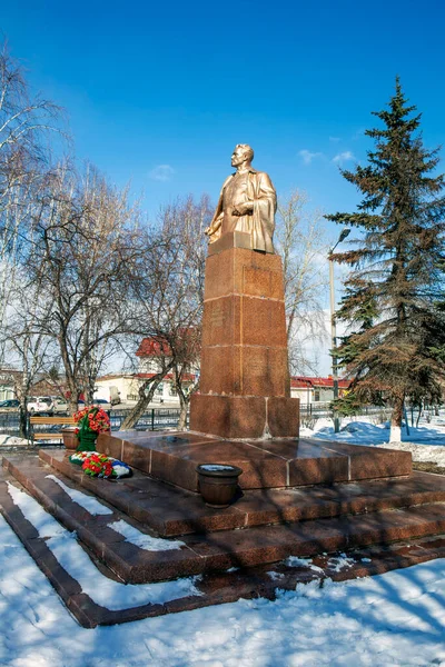 Сонце Освітлює Пам Ятник Миколі Кузнєцову Зимовому Парку Таліца Росія — стокове фото