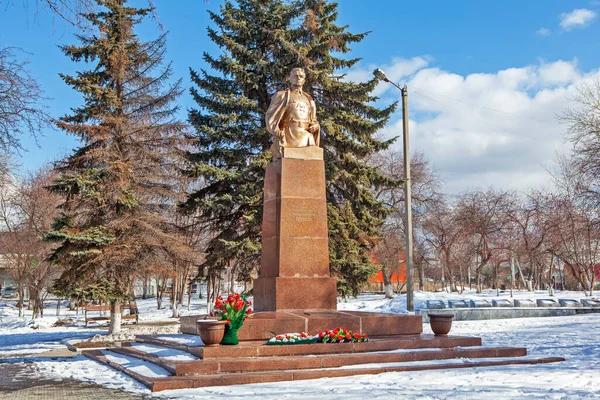 Сонце Освітлює Пам Ятник Миколі Кузнєцову Зимовому Парку Таліца Росія — стокове фото