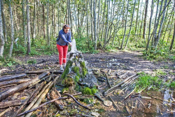 Gatchina Gayzerinin Yanında Parlak Elbiseli Bir Kadın Stump Korpikovo Köyü — Stok fotoğraf