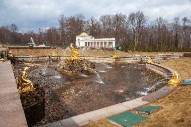 Samson Çeşmesi ve Büyük Şelale heykelleri. Petrodvoretler. Peterhof. St. Petersburg 'da. - Rusya. 10 Nisan 2021