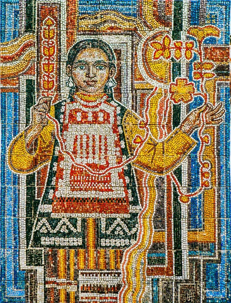 Mosaico Painel Retratando Uma Jovem Vestida Com Traje Tradicional Bashkir — Fotografia de Stock