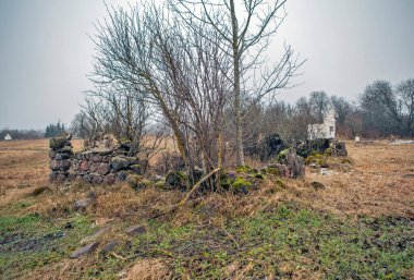 Yanmış evlerin eski temelleri ve ocakları. 