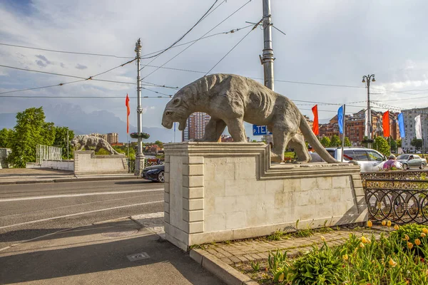 Esculturas Leopardos Símbolos Osetia Puente Hierro Fundido Vladikavkaz Osetia Del — Foto de Stock