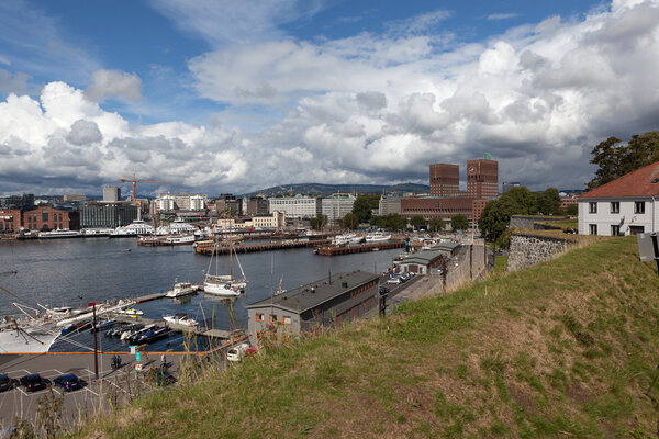 View of Oslo and the Oslo Fjord with the walls of the fortress of Akershus. Norway