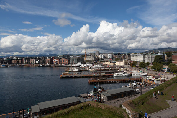 View of Oslo and the Oslo Fjord with the walls of the fortress of Akershus. Norway