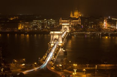 Night Budapest, Hungary. Chain Bridge and St. Stephen's Basilica, the view from above. clipart