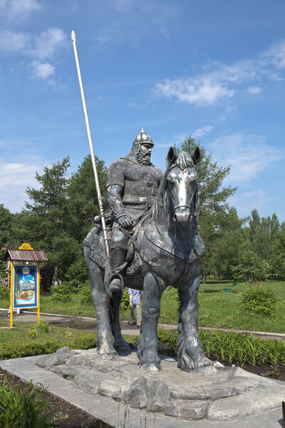 Sculpture of a warrior in the chain armor with a spear on horseback. June 2, 2015. Ekaterinburg, Russia.