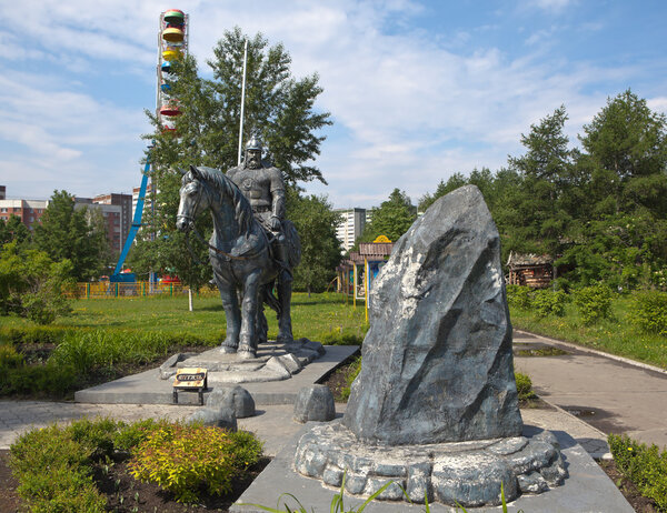 Sculpture of a warrior in the chain armor with a spear on horseback. June 2, 2015. Ekaterinburg, Russia.