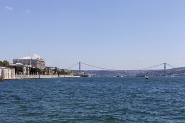 Dolmabahçe Sarayı, Boğaziçi Köprüsü ve Atatürk. Istanbul. Türkiye.