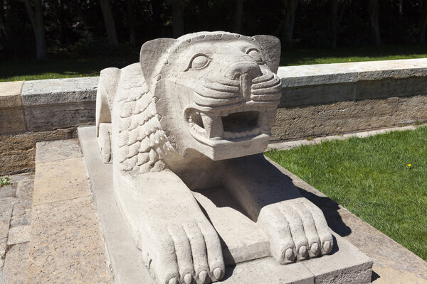 ANKARA, TURKEY - MAY 05, 2015: Photo of Lion in the alley at the mausoleum of Ataturk.