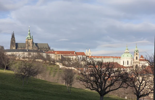 Uitzicht op de Praagse burcht, St. Vitus Cathedral vanaf de heuvel Petrin. Praag. Tsjechische Republiek. — Stockfoto