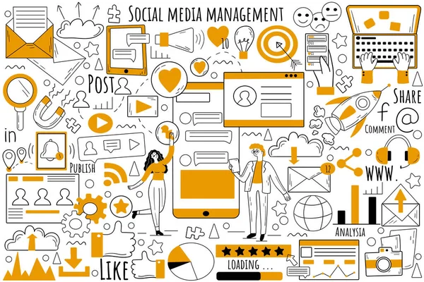 Ensemble de gribouillis de gestion des médias sociaux — Image vectorielle