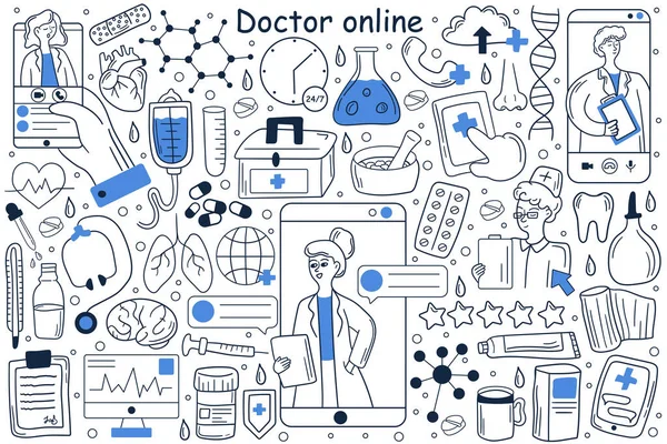 Γιατρός σε απευθείας σύνδεση doodle σύνολο — Διανυσματικό Αρχείο