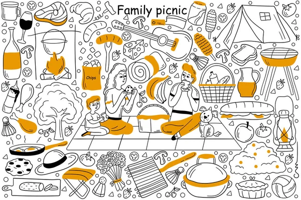 家庭野餐涂鸦套装 — 图库矢量图片